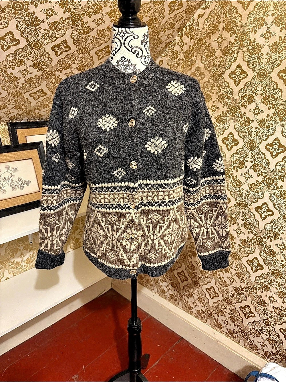 Vintage Eddie Bauer Wool Alpaca Fair Isle Cardigan Sweater